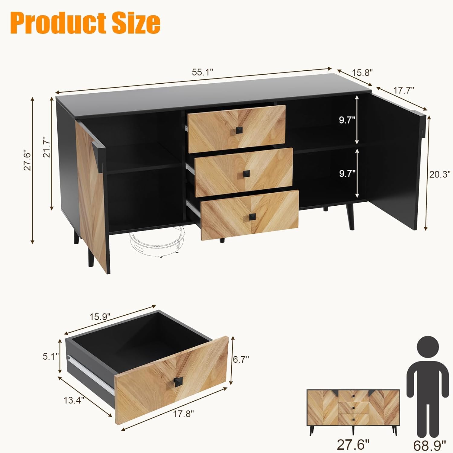 GAOMON Large Storage Cabinet with Shelves & Doors, Sideboard Buffet Cabinet with Drawer, Entryway Cabinets, Accent Cabinets for Living Room, Dining Room, Entryway