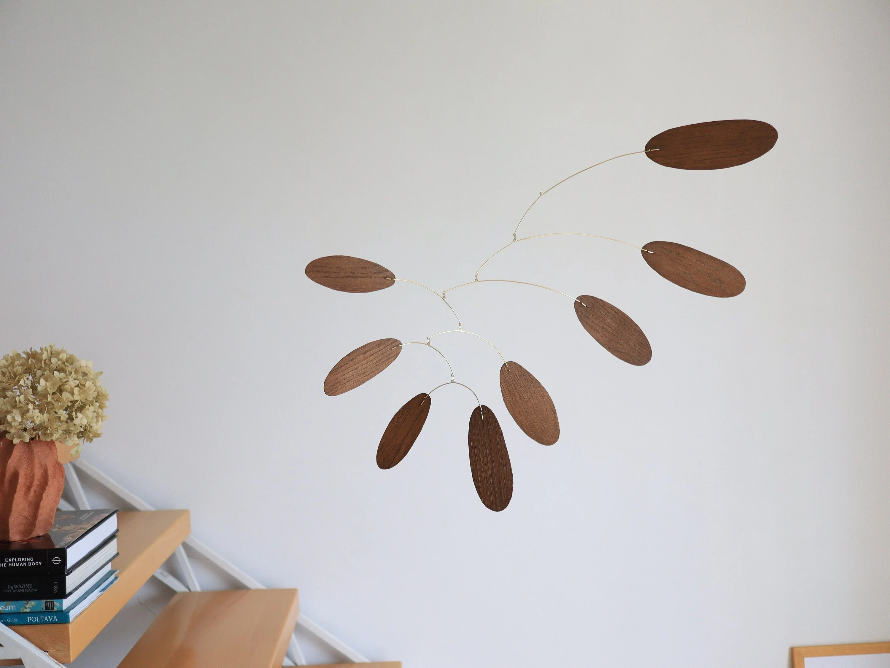 Wood kinetic mobile. Mid-century modern hanging sculpture. Minimalist art decor