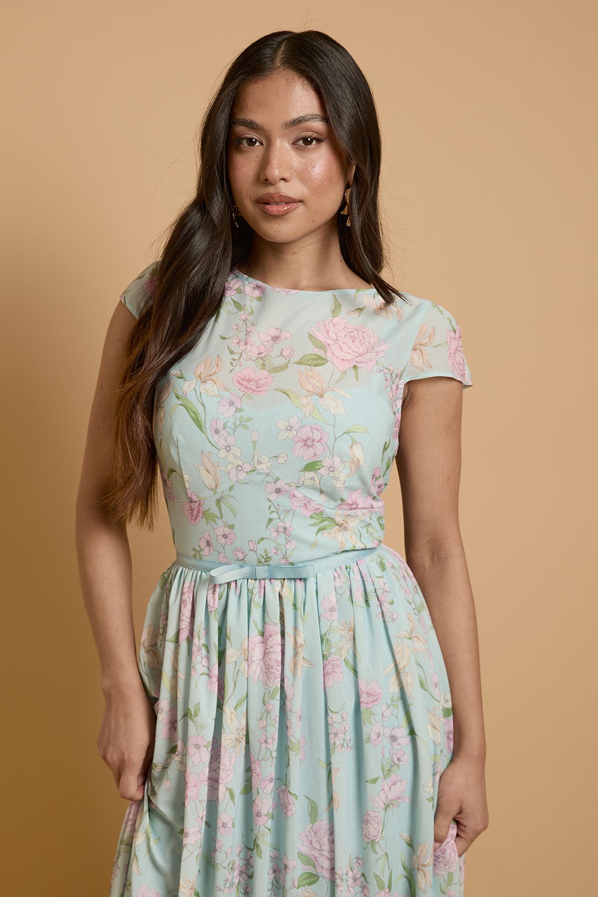 Oasis Petite Cap Sleeve Hydrangea Mesh Maxi Dress