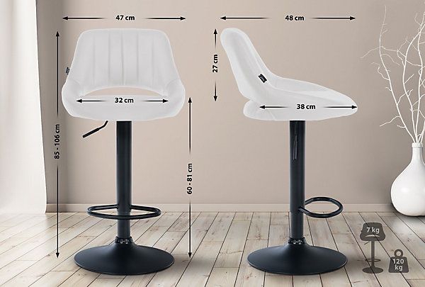 Lot de 2 tabourets de bar Milet similicuir, Chaise de bar pivotante avec repose-pieds et dossier Métalnoirmat/Blanc