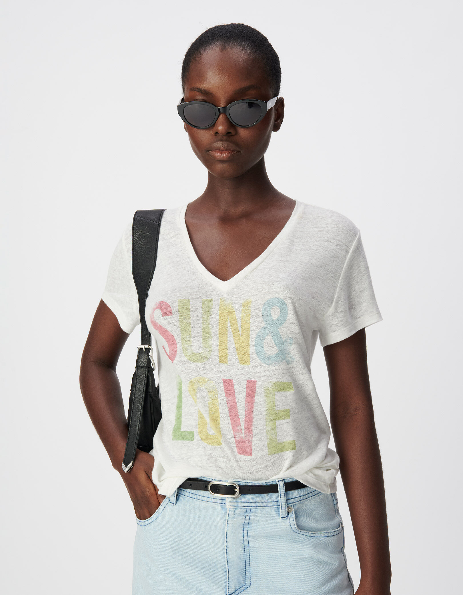 Tee-shirt col V blanc message couleur Femme
