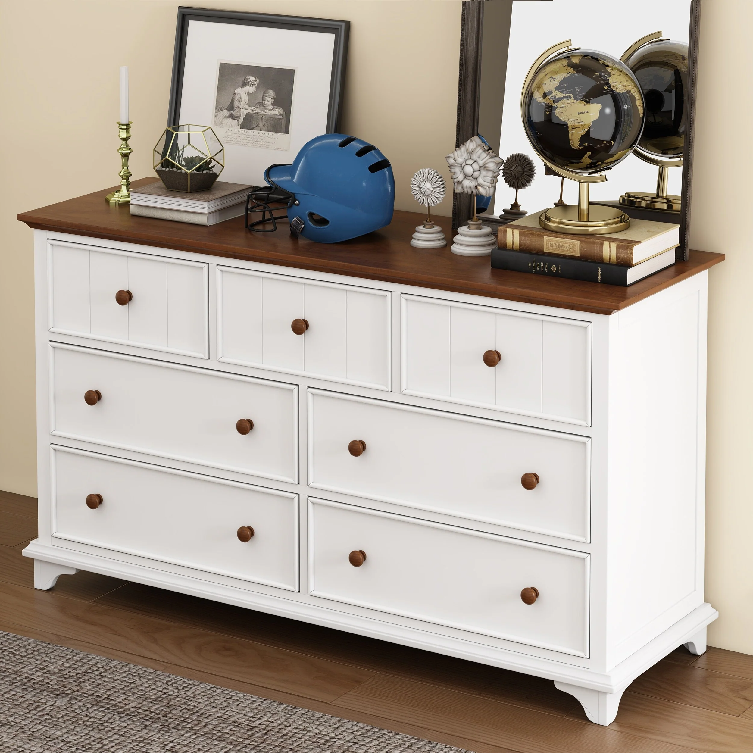 7 Drawer Bedroom Dresser, Large Capacity Wooden Storage Cabinet, Clothing Organizer with Round knob and Wood Panel
