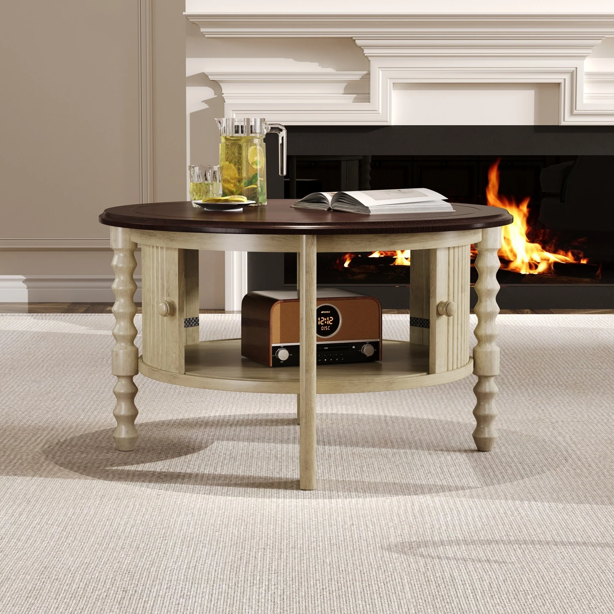 Vintage Round Coffee Table - 30.3 Mid-Century Modern, Sliding Door & Slatted Design