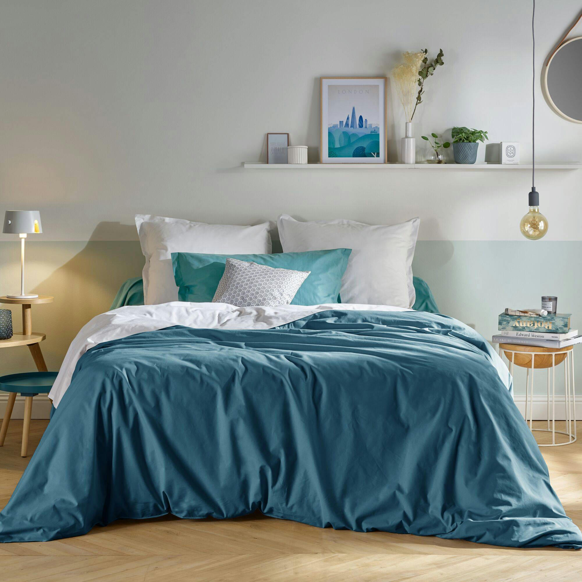 FIL & SENS - Drap housse coton bio bleu minéral 90 x 190 cm
