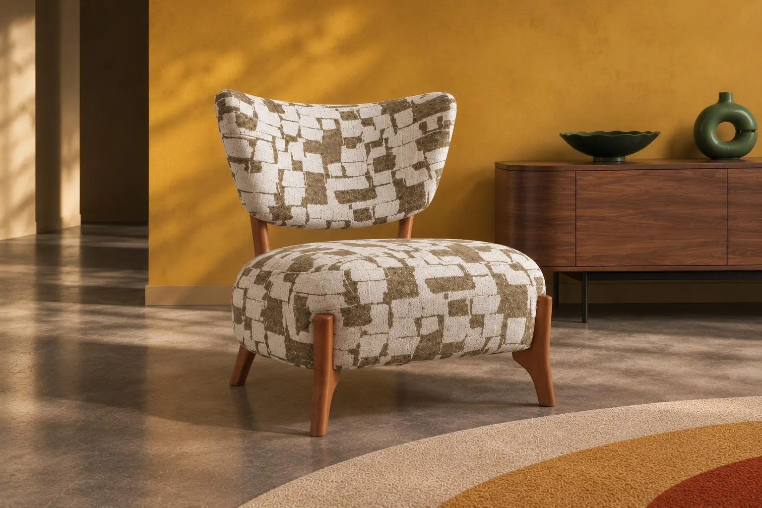 Mid Century Modern Accent Chair Retro Patterned Boucle Lounge Chair Cozy Upholstered Armchair for Living Room