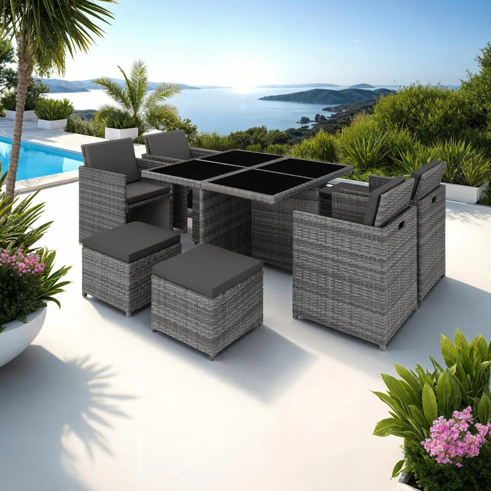 tectake Wicker tuinset Manhattan 4 4 1 met aluminium frame en beschermhoes