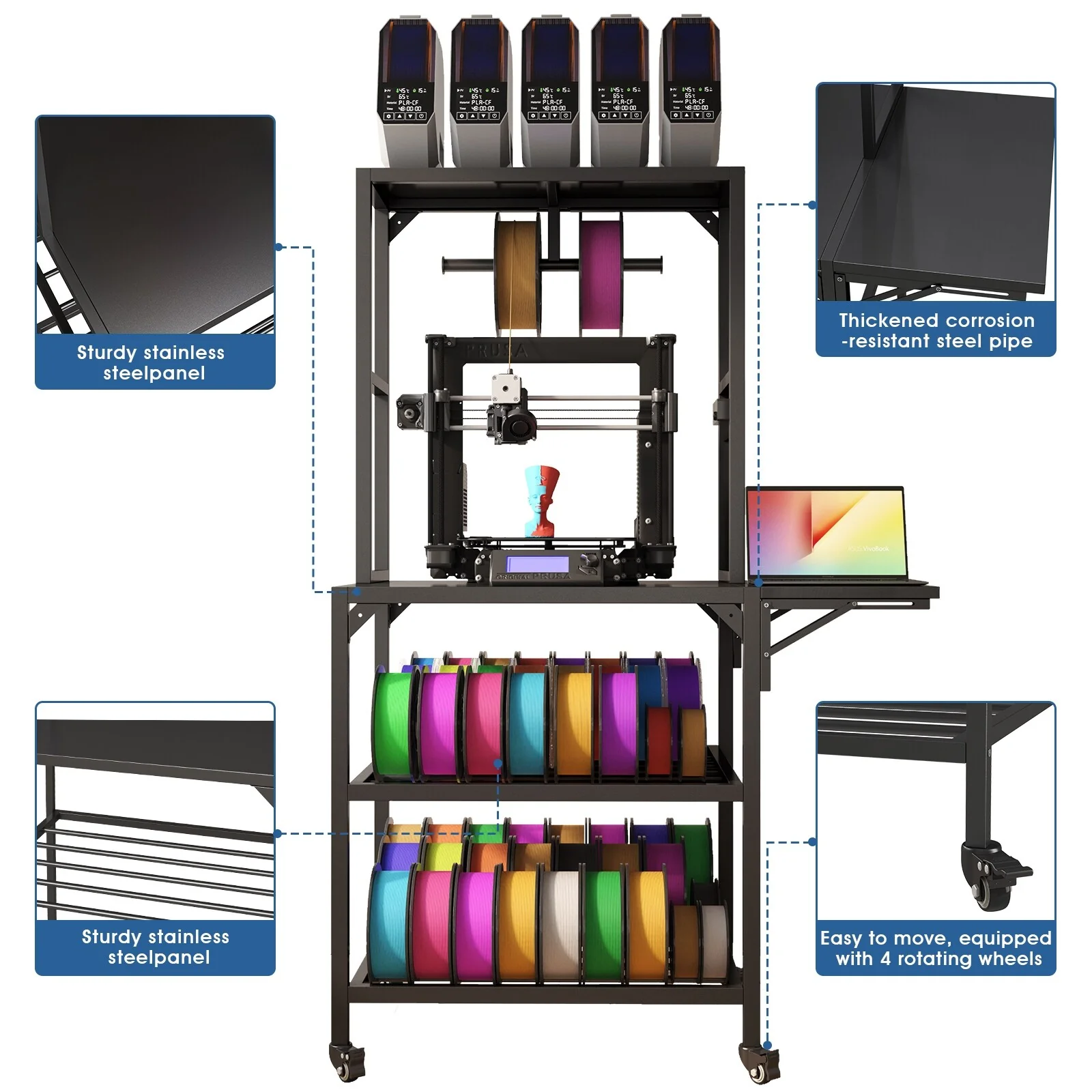 Heavy Duty 3D Printer Table Stand with Filament Storage Rack, T-Shaped Spools Holder & Wheels - Perfect for 3D Printing Studio