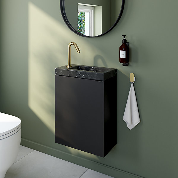 Meuble lave-mains suspendu noir mat l.44 cm Imandra   plan vasque effet marbre noir, GoodHome