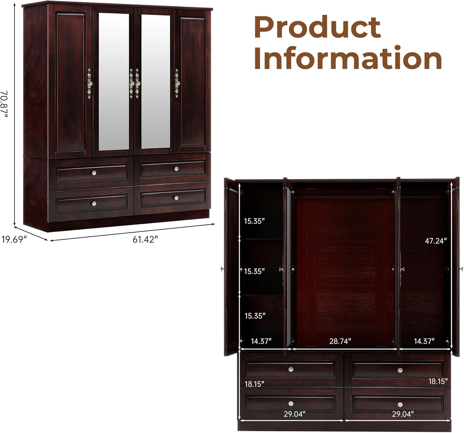 Solid Wood Armoire Wardrobe Closet: 70.87Large Wardrobe Cabinet Storage,Clothes Organizer with Mirror,Doors,Shelves,Hanging Rods and Drawers,American Style Freestanding Bedroom Brown Black Finish