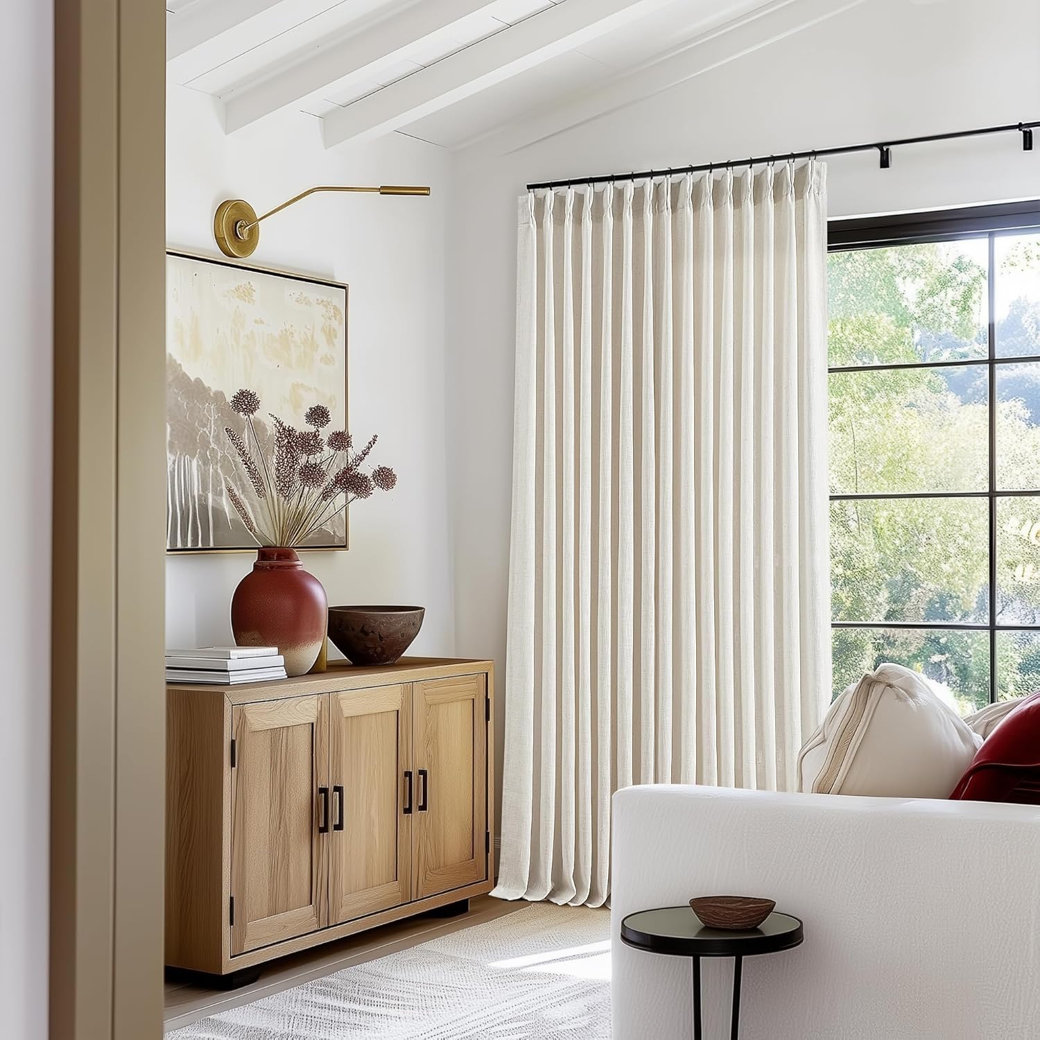 Extra Wide Pinch Pleat 100 x 102 Inch Linen Curtains for Living Room Cream Ivory Light Filtering Semi Sheer Pleated Curtains for Patio Glass Sliding Door Dining Bedroom Large Window 100x102 1 Panel