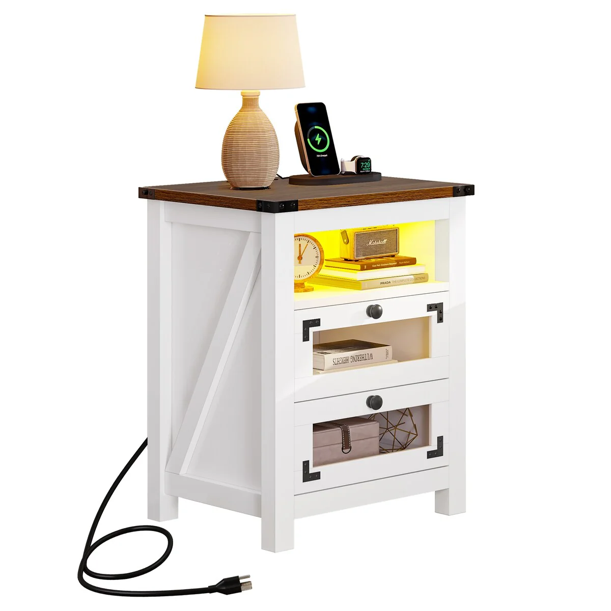 Moasis Farmhouse 2 Drawer Nightstand with Charging Station, Side End Table with LED Lights