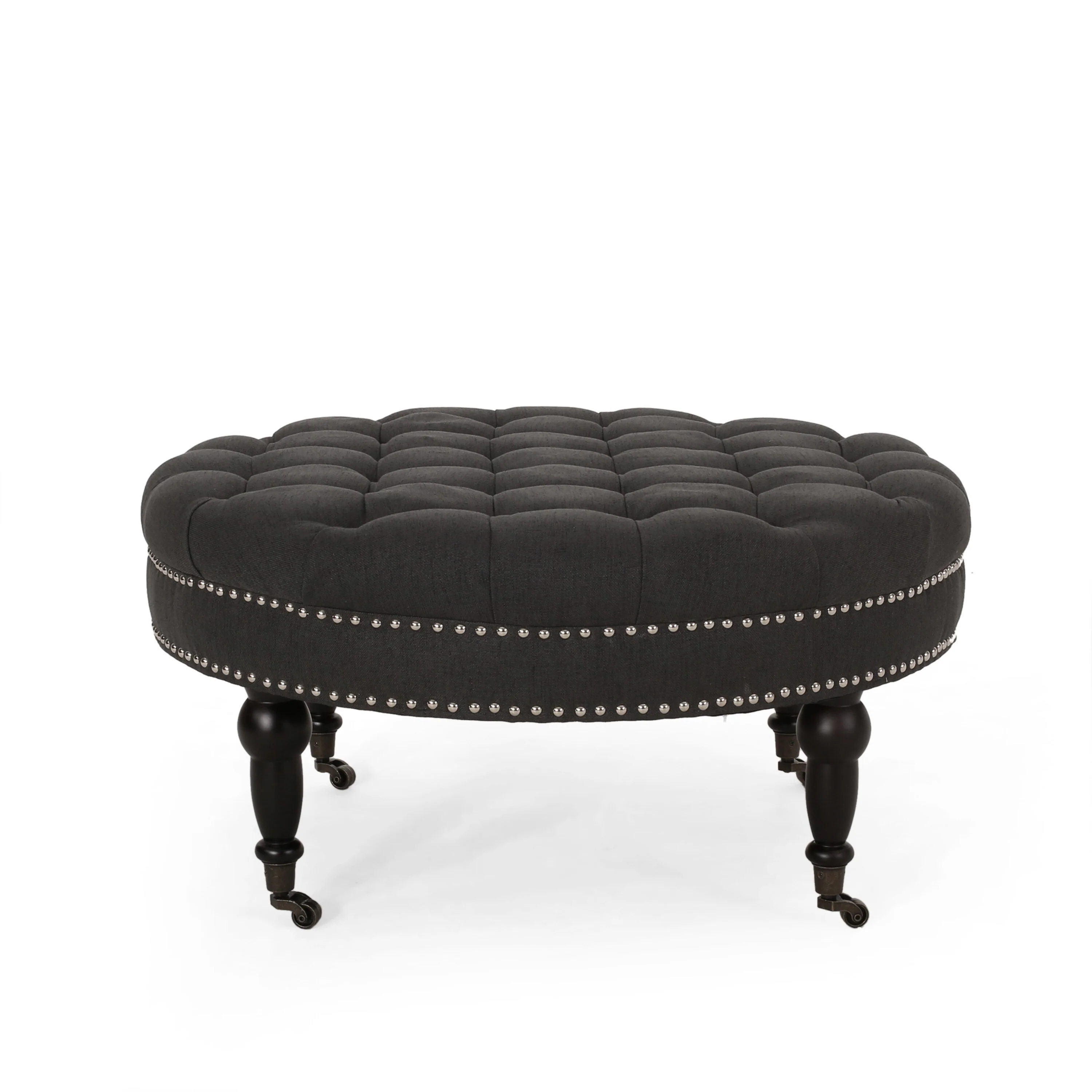 Romani Rolling Ottoman, Tufted Black Fabric, Nailhead Trim, 35 Inch