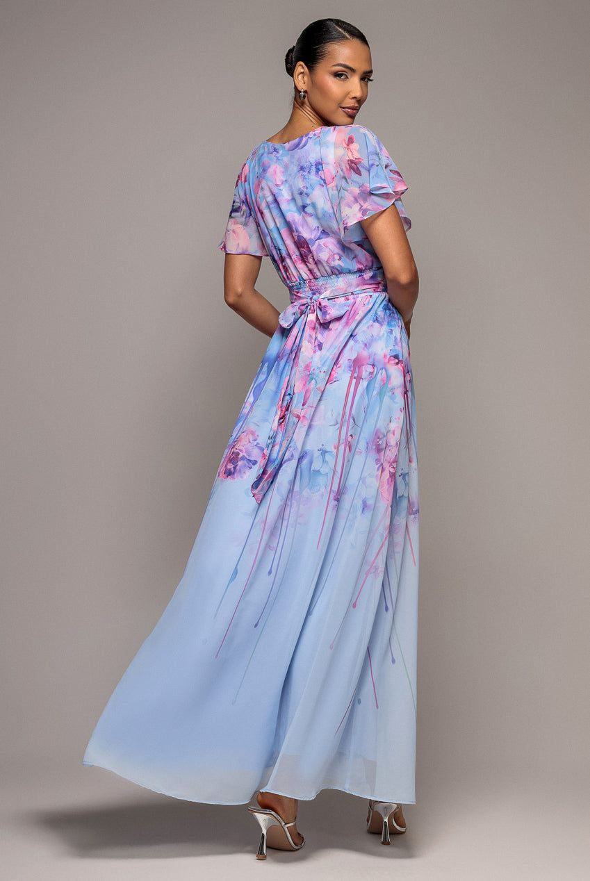 Goddiva Printed Silky Chiffon Flutter Sleeve Maxi Dress