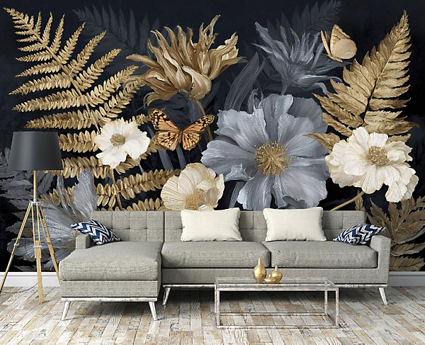 Papier Peint Panoramique Intissé Feuilles Fleurs Gris - 400x280 cm - Papier Peint Chambre et salon