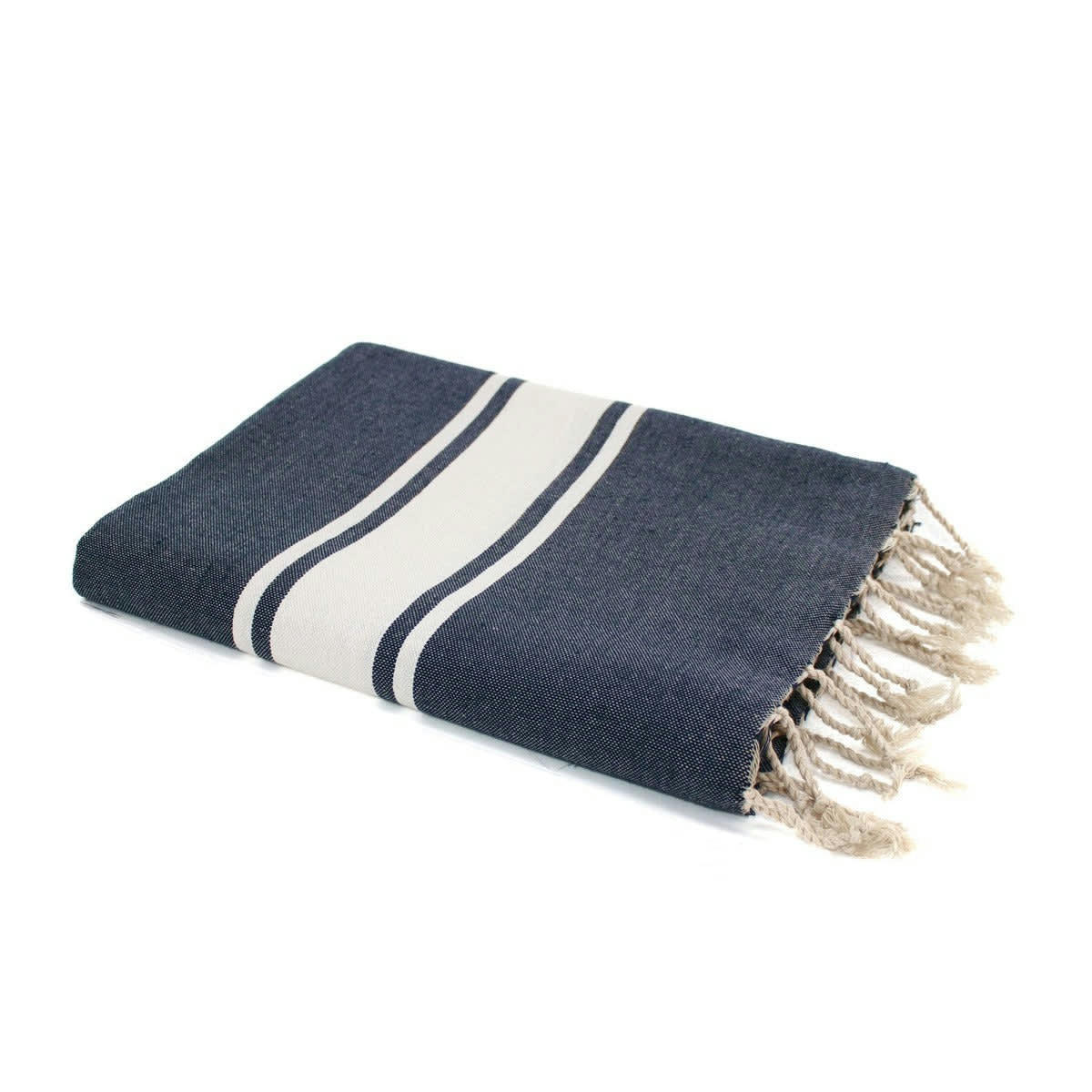 ST TROPEZ - Fouta bande blanche coton  100x200 bleu jean