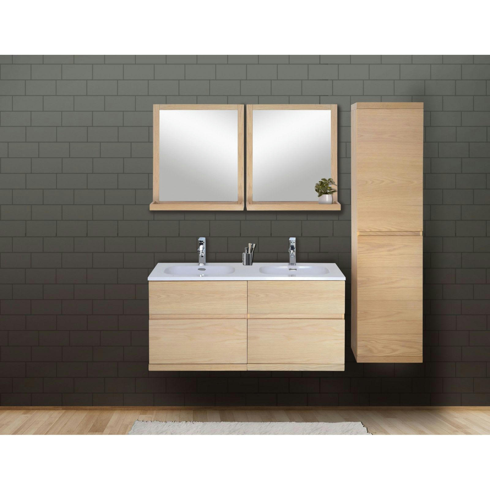 ENIO - Meuble sous vasque chêne avec plan résine  120cm+miroir+colonne fermée