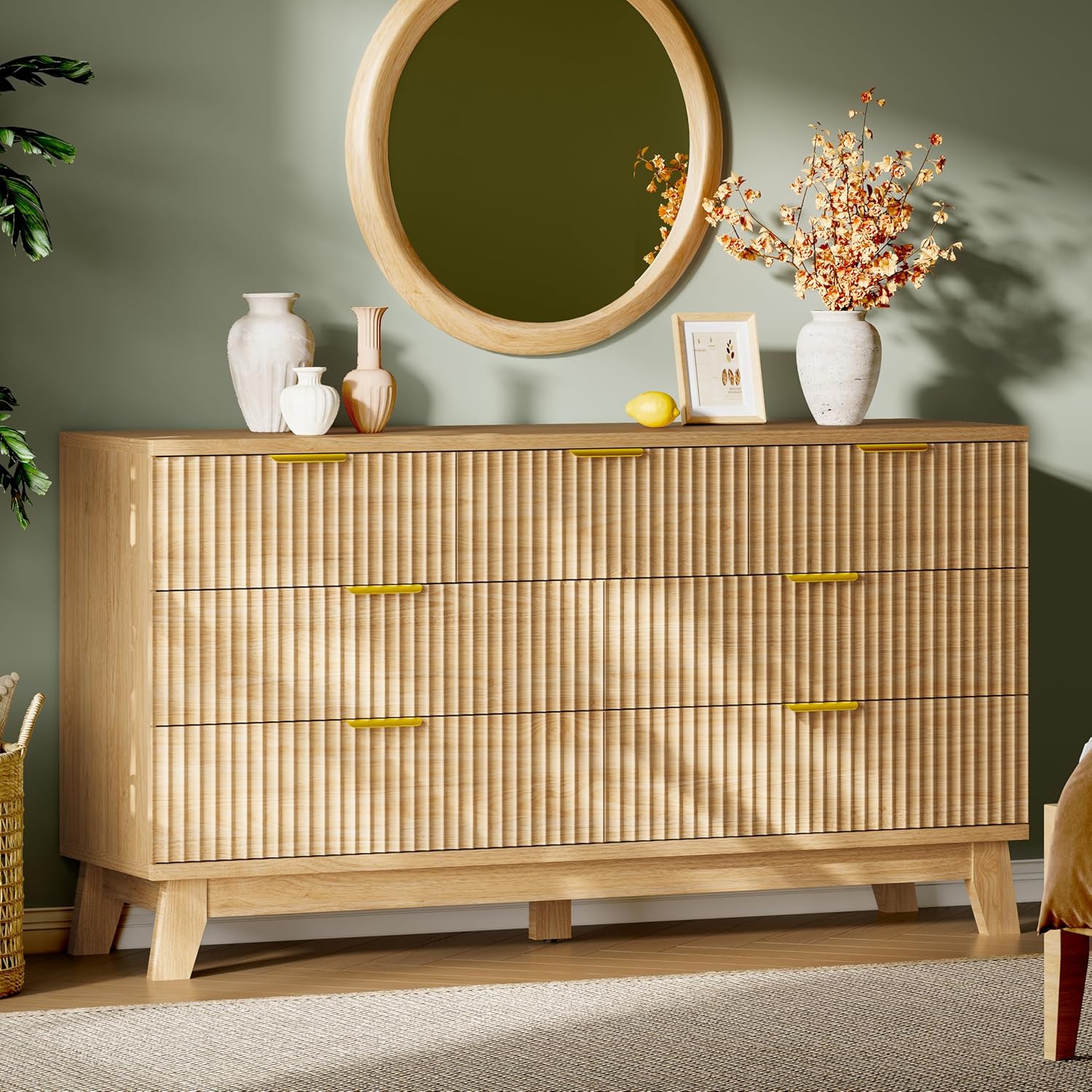 Fluted Dresser with 7 Drawers, 58 Wide Modern Chest of Drawers with Metal Handle, Wooden Dresser TV Stand, Wood Closet Clothes Storage Organizer for Bedroom, Living Room, Hallway, Natural Oak