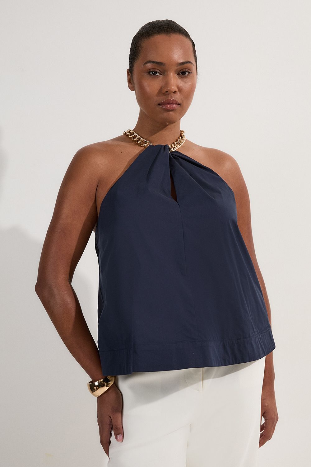KarenMillen Plus Size Cotton Poplin Chain Halter Next Woven Shirt