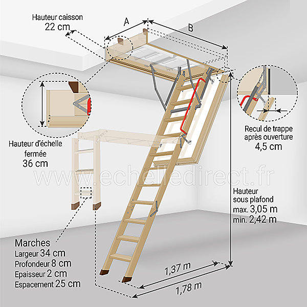 Echelle escamotable bois - Trémie de 60 x 130cm - Hauteur de 2.42 à 3,05m - LWT60130-3