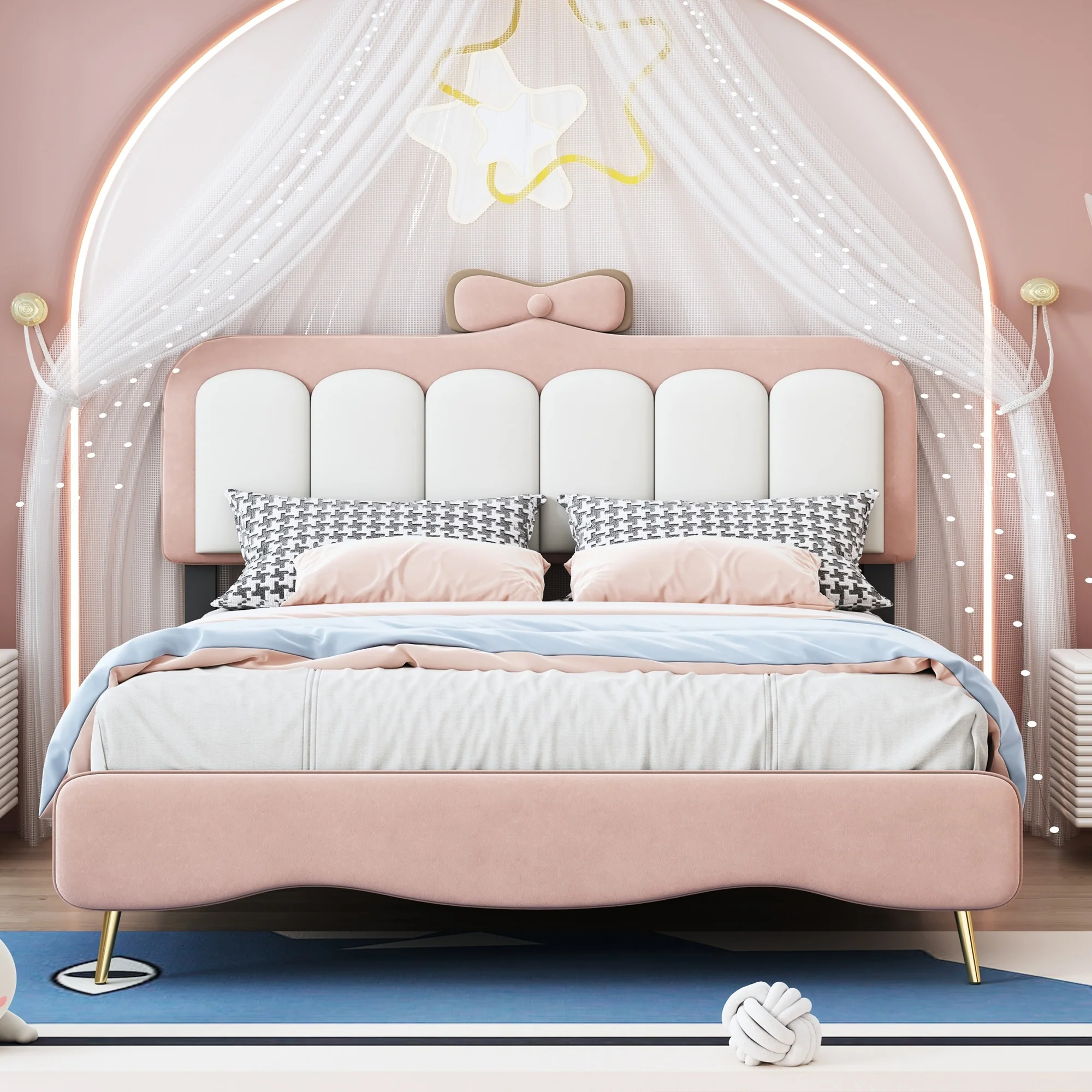 Princess-Inspired Full Size Velvet Bed with Bow Knot Headboard and Footboard
