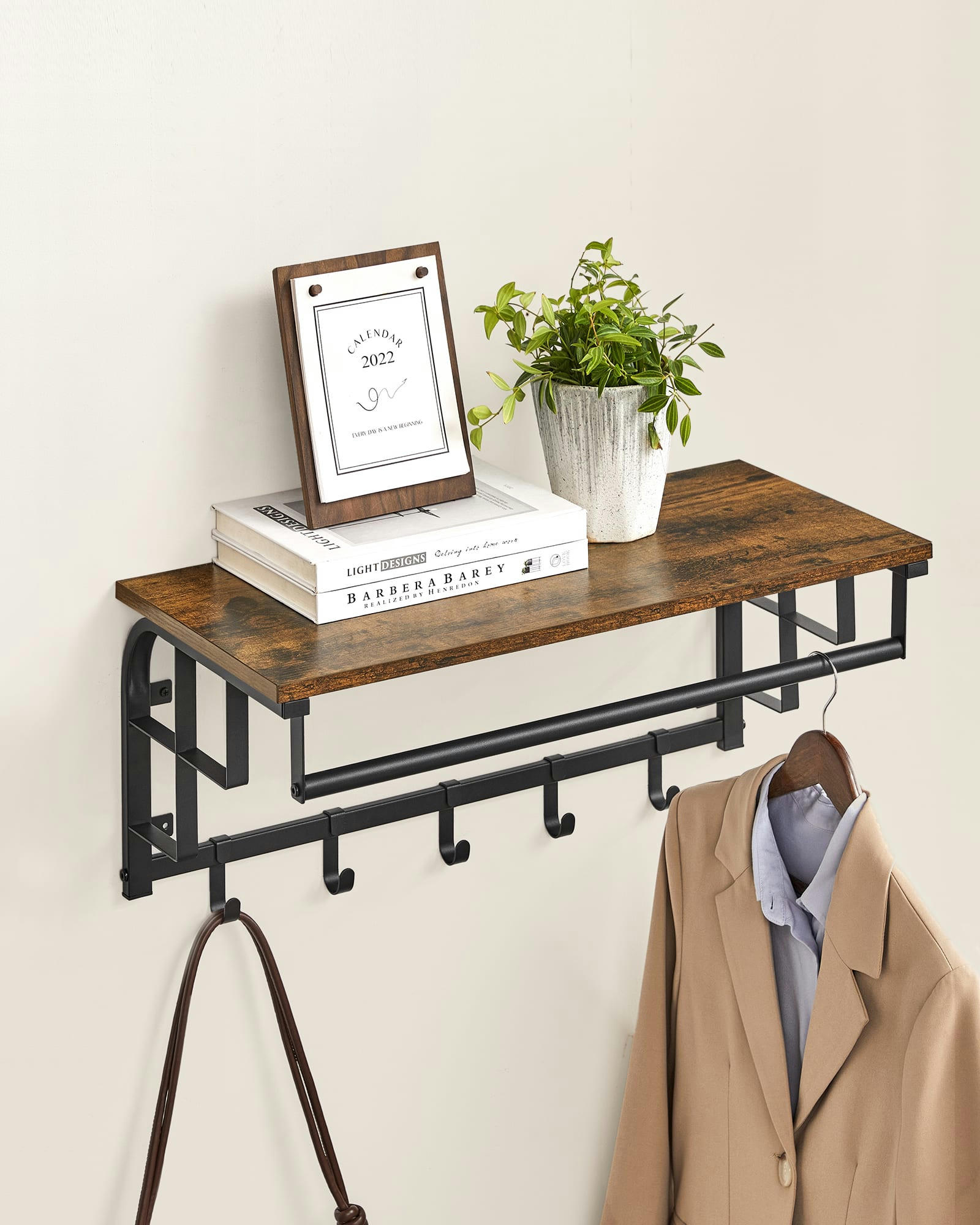 - Porte-manteau mural avec 5 crochets amovibles marron rustique et noir