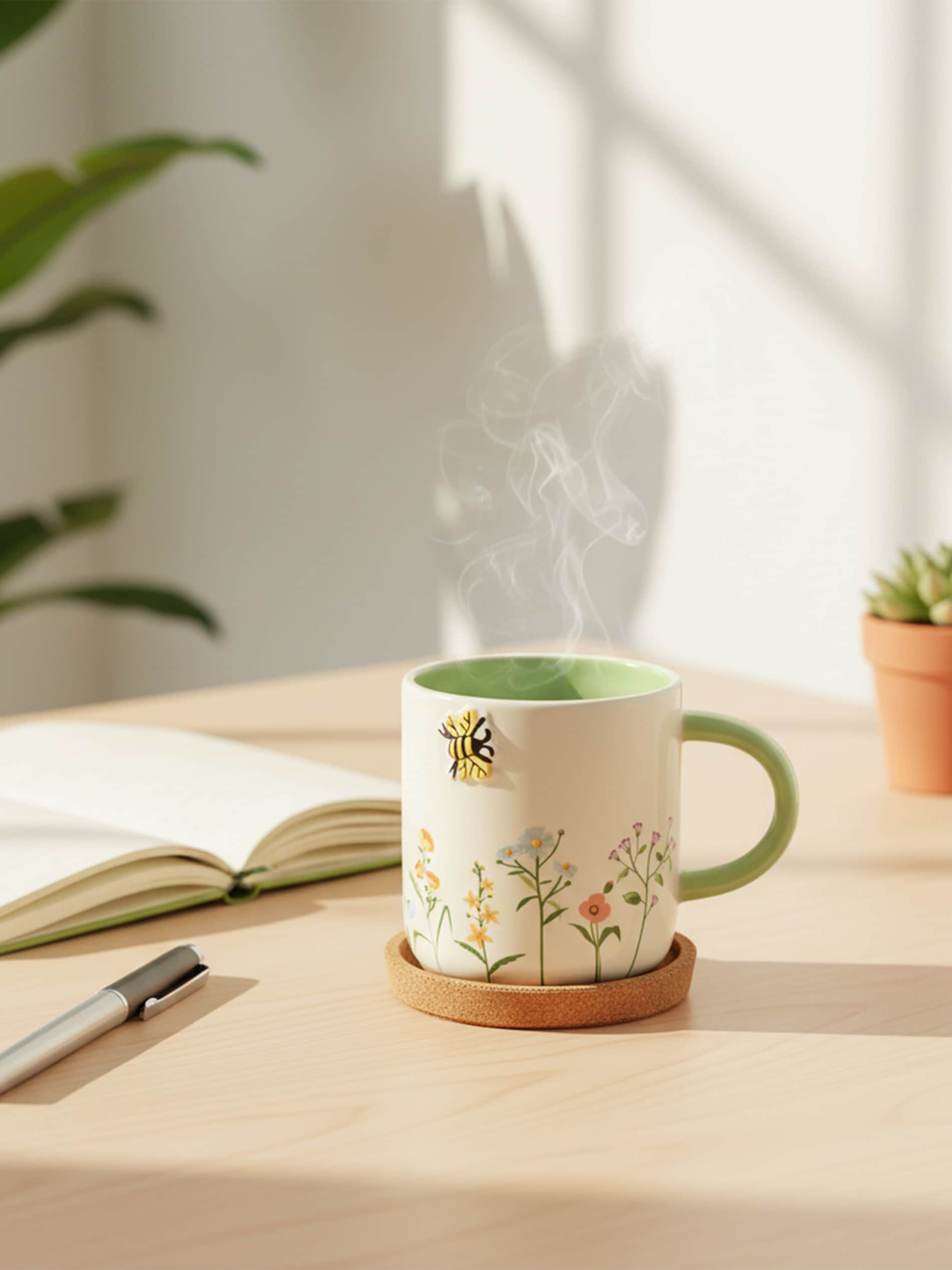 Ceramiczny kubek z motywem roślinnym i tłoczonymi zwierzętami