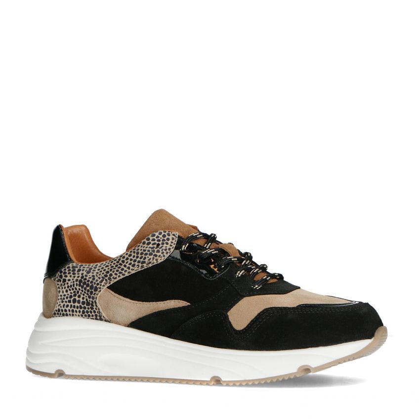 Manfield Zwarte lage sneakers met cheetahprint