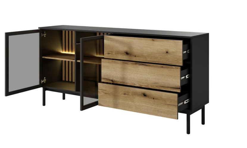 Komoda z oświetleniem LED LANGO 180cm Czarny   Dąb Evoke