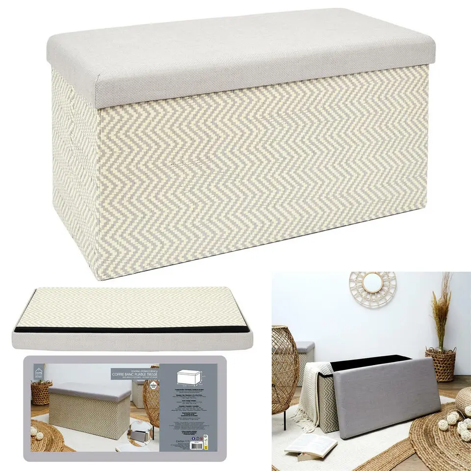 Home Deco Poef Fishbone - opbergbox - beige/grijs - 76 x 38 cm
