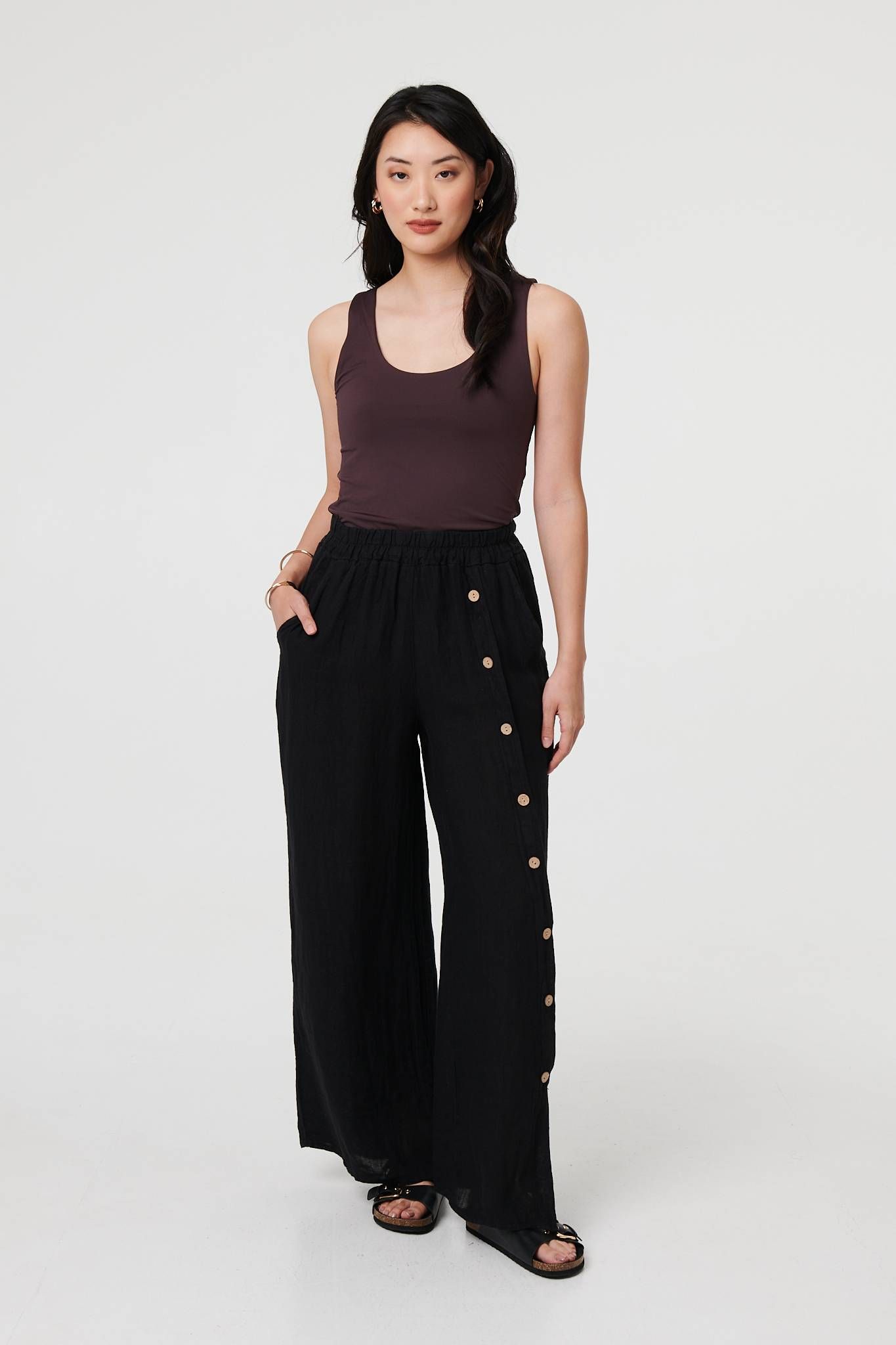 Izabel London Button Detail Wide High Waist Trousers