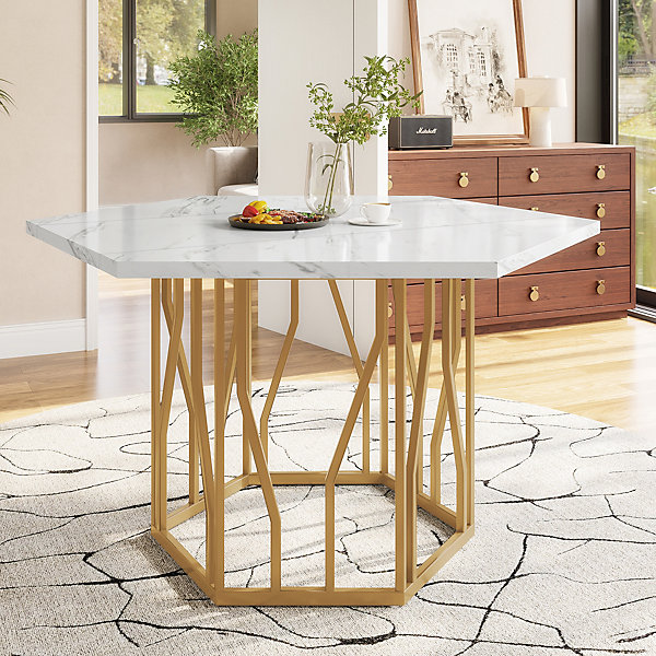 Ensemble table et chaises 115,5x100x75 cm avec 4 chaises, table hexagonale piétement métal doré