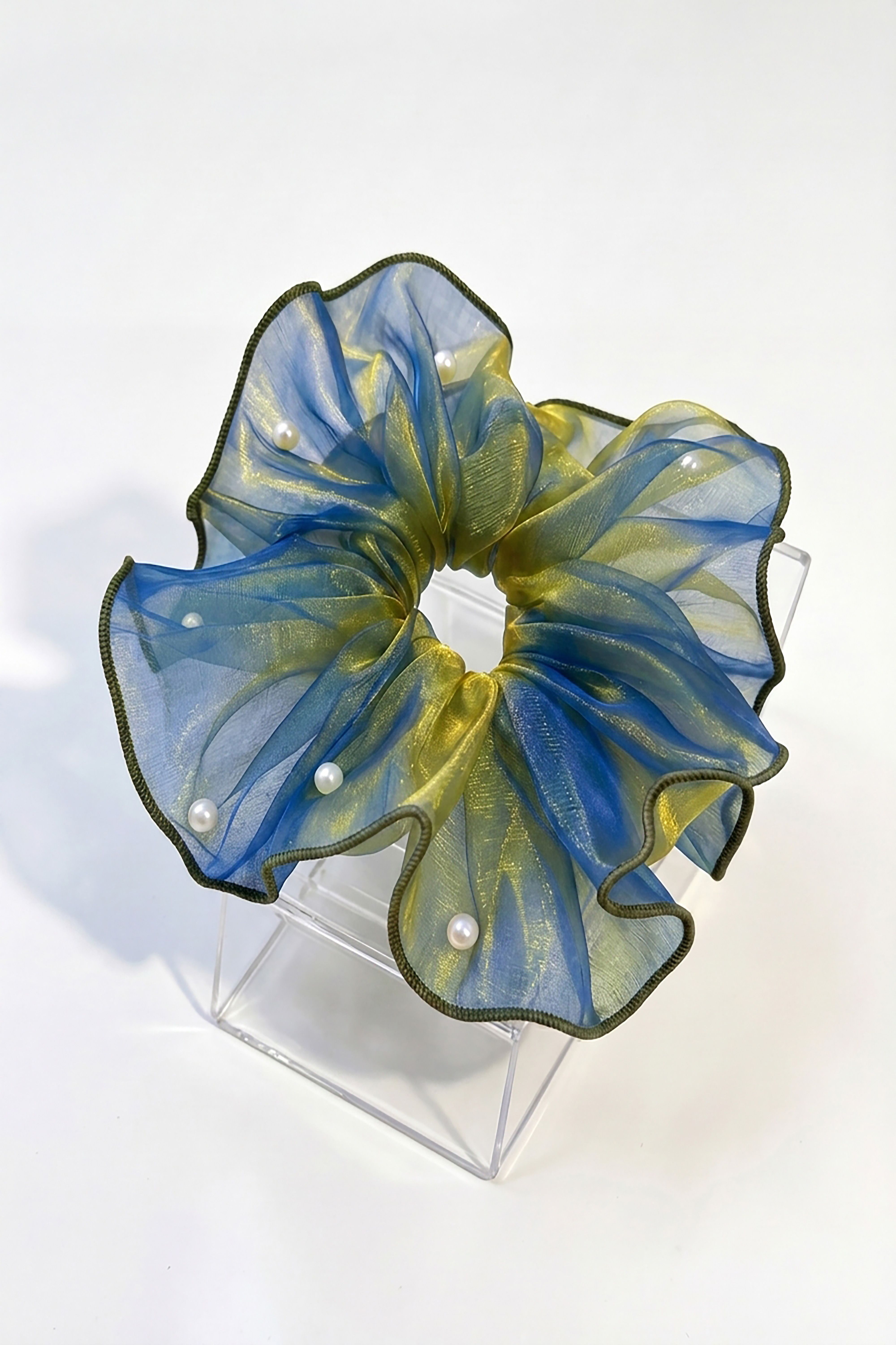 Vellin Organza Pearl Hair Scrunchie Oversized Ponytail HolderWith Box