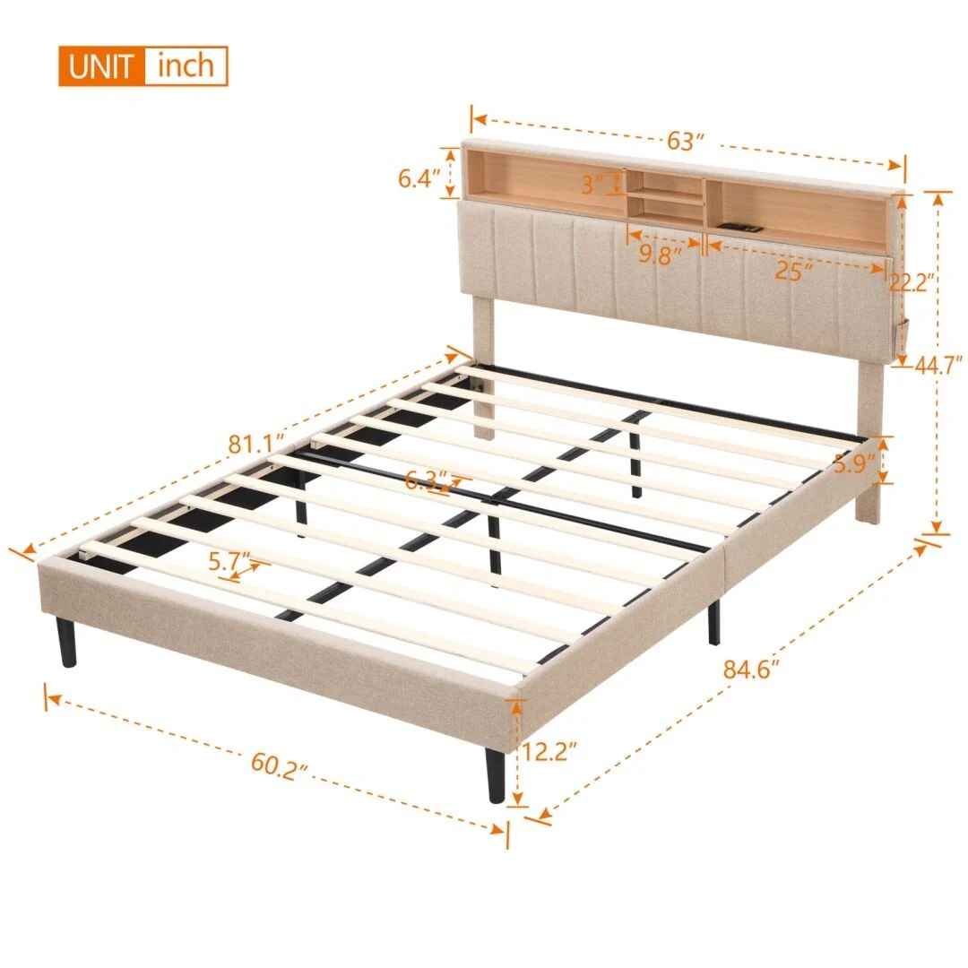 Full/Queen size Upholstered Platform Bed Frame with Storage Headboard and USB Port