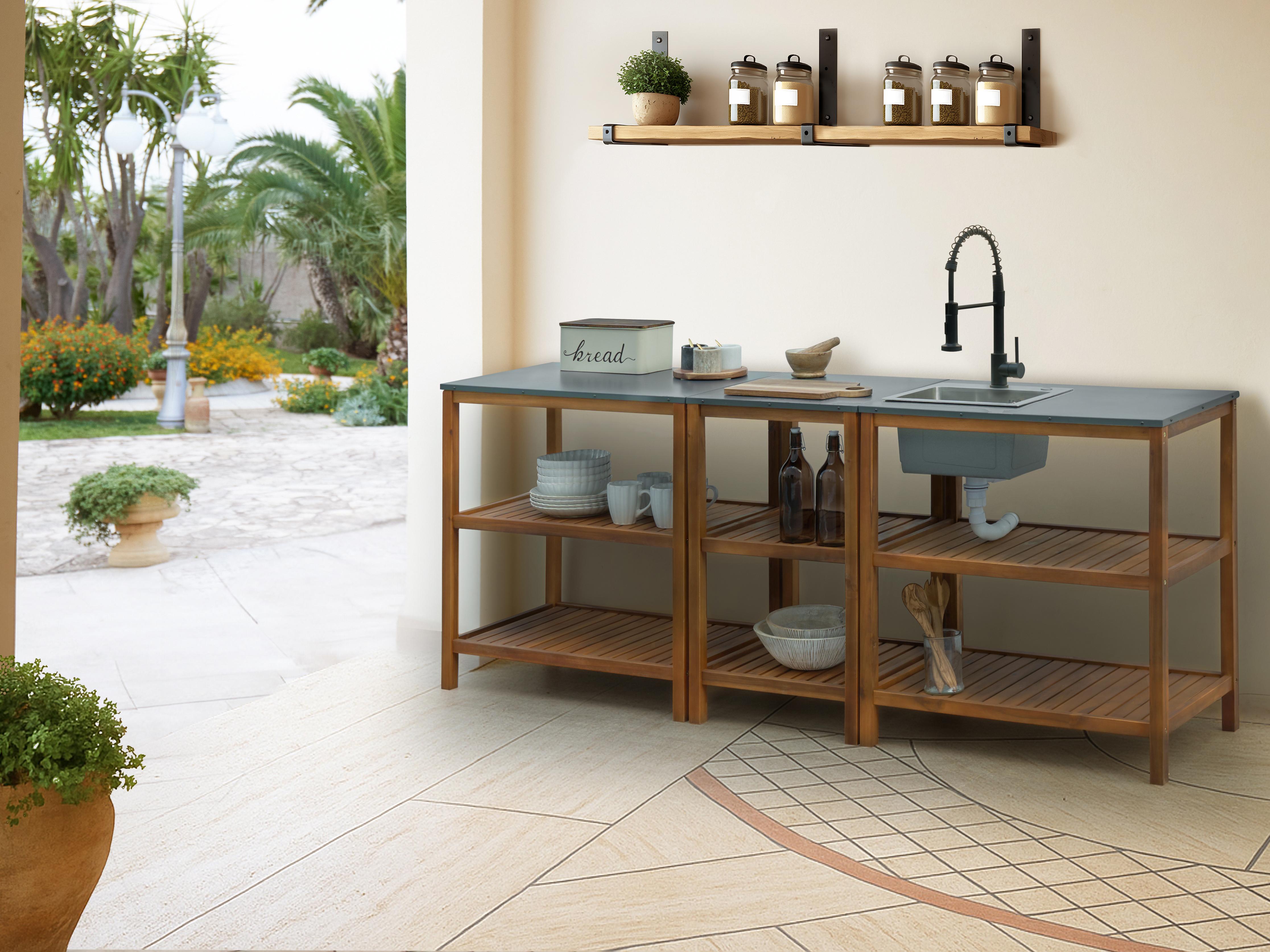 3 Piece Outdoor Kitchen Set with Sink BRUCOLI Acacia Wood Brown/ Black