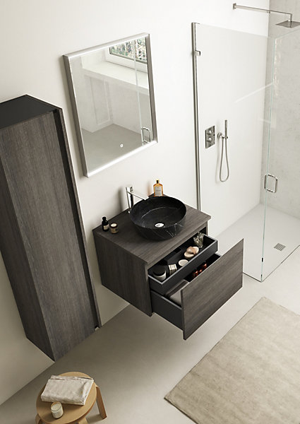 Meuble vasque suspendu effet chêne Metz l.60 cm   plan de toilette effet chêne Metz, Pura
