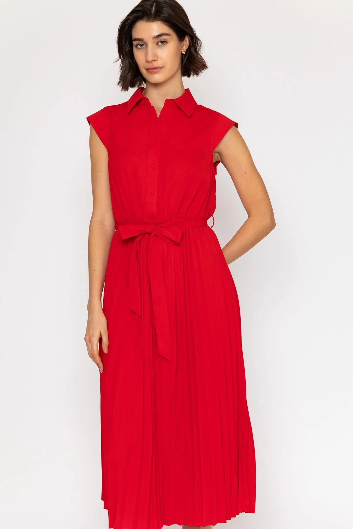 Short Sleeve Midi Pleated Dress in Red