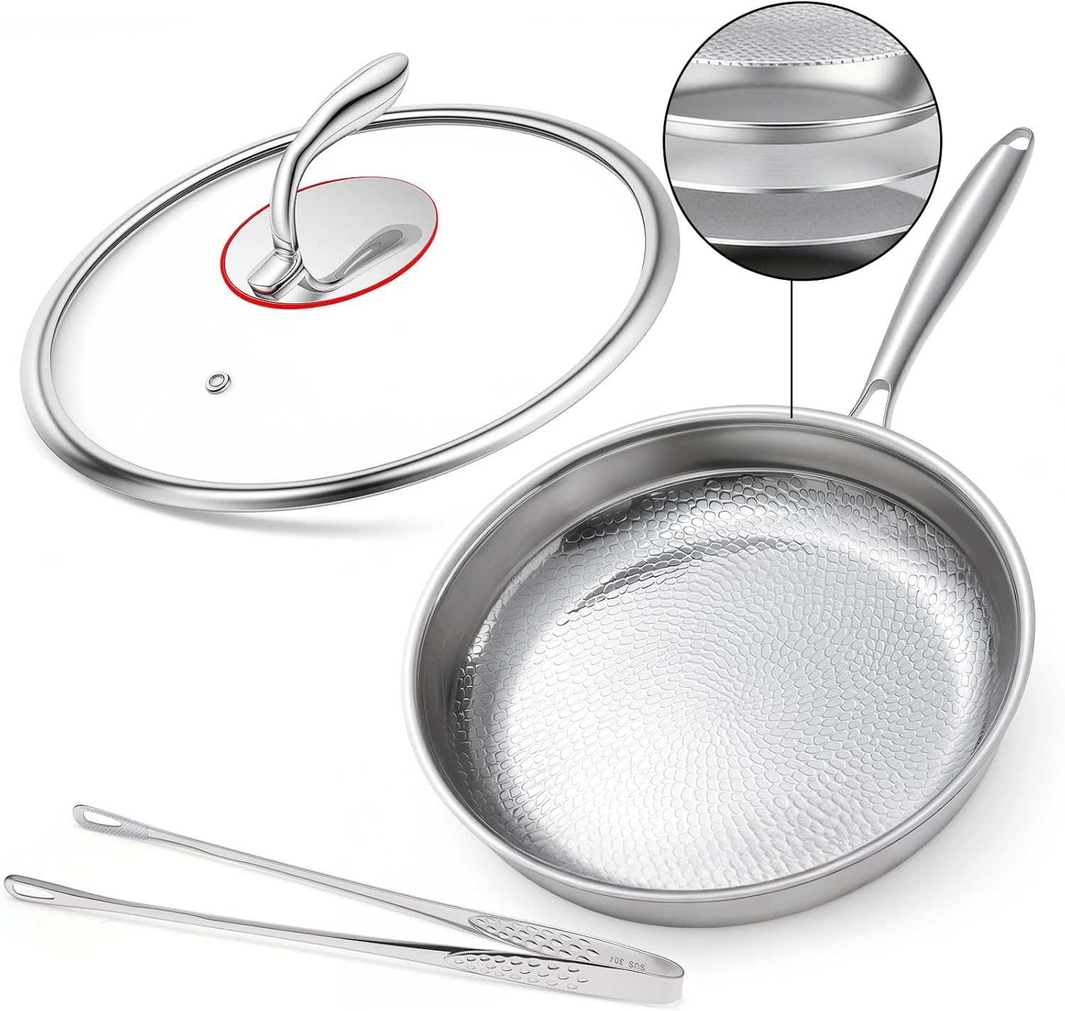 12 Inch Titanium Nonstick Frying Pan, 5-Layer Hammered Titanium-Alloy Skillet with Lid, PFOA/PFOS/Lead/Cadmium Free, Oven & Dishwasher Safe, Induction Cooktop Compatible