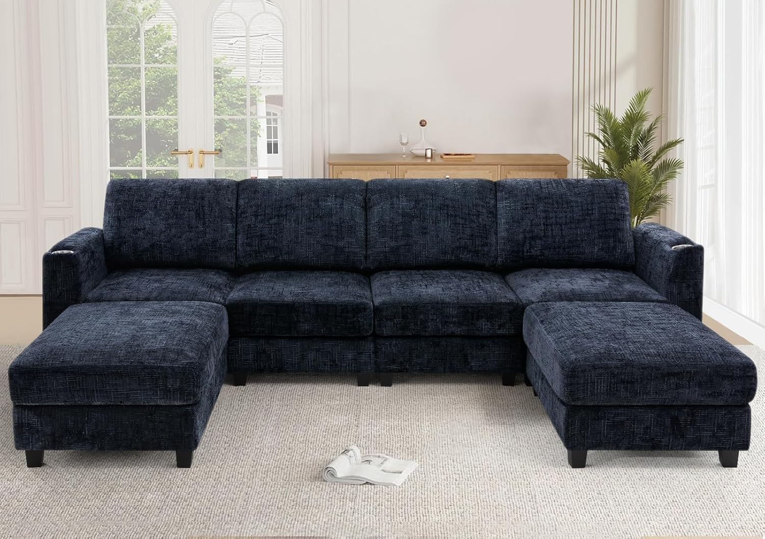 110 Chenille U-Shape Sofa with Flexible Ottomans, Comfy Sectional Sofa with 2 Built-in Cup Holders, Convertible 4 Seats Couch with Well-Filled Back Cushions for Living Room, House, Blue