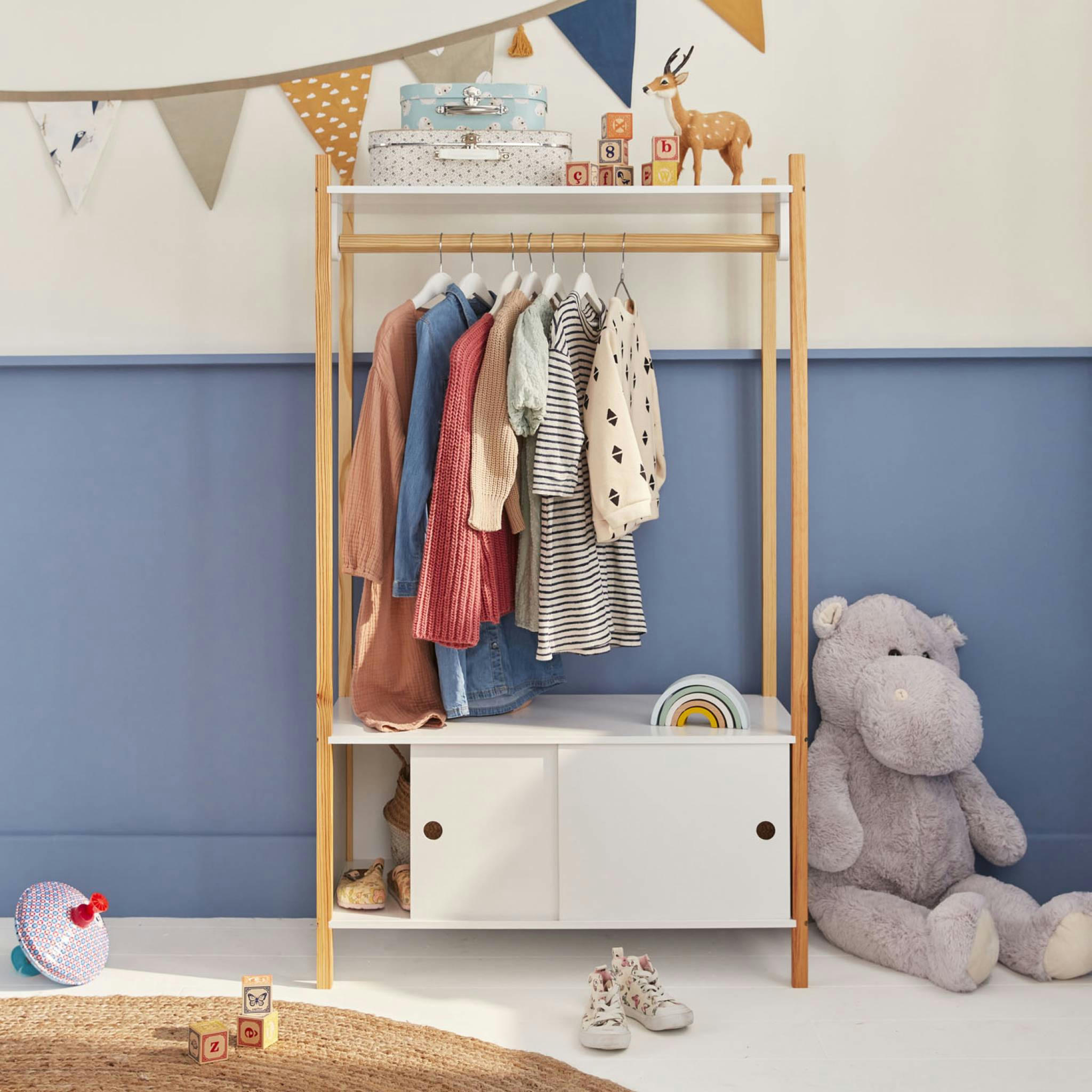 TOBIAS - Penderie pour enfant avec portes coulissantes naturel blanc