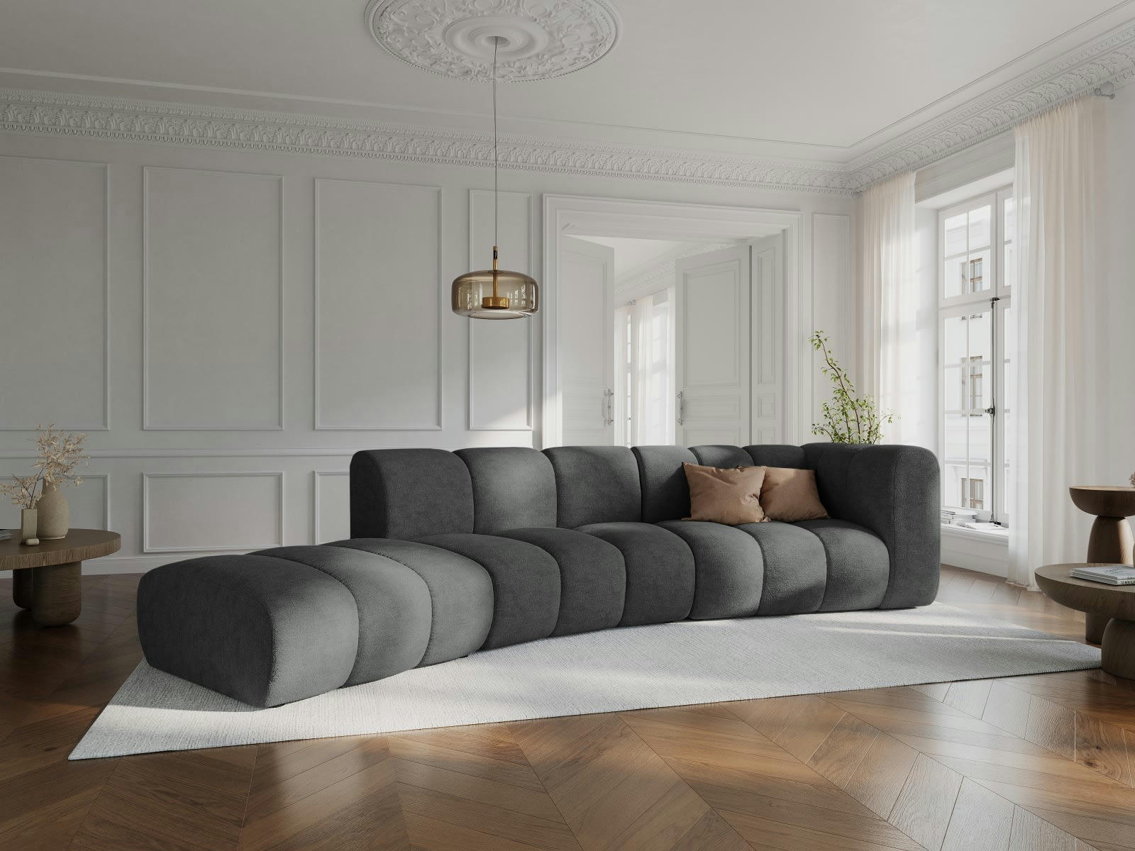 LUPINE - Canapé gauche 5 places en tissu chenille gris