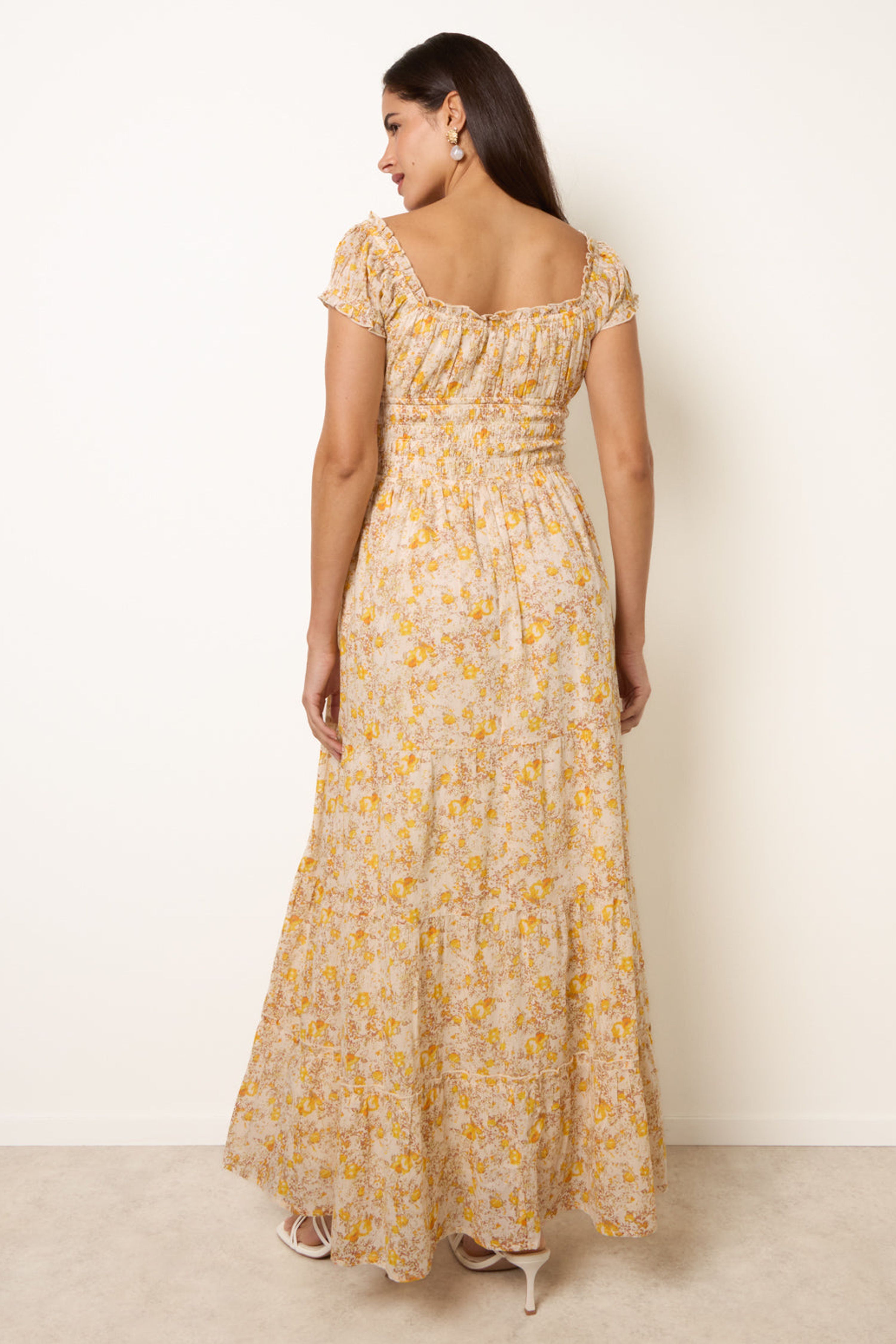 Blue Vanilla Yellow Double Front Tie Shirred Ditsy Floral Maxi Dress