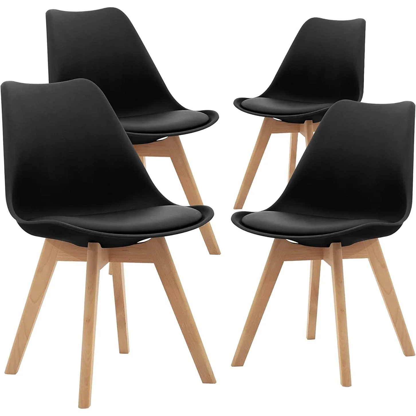 Modern Dining Chair Set, Soft Padded with Wood Legs Set of 4, Black