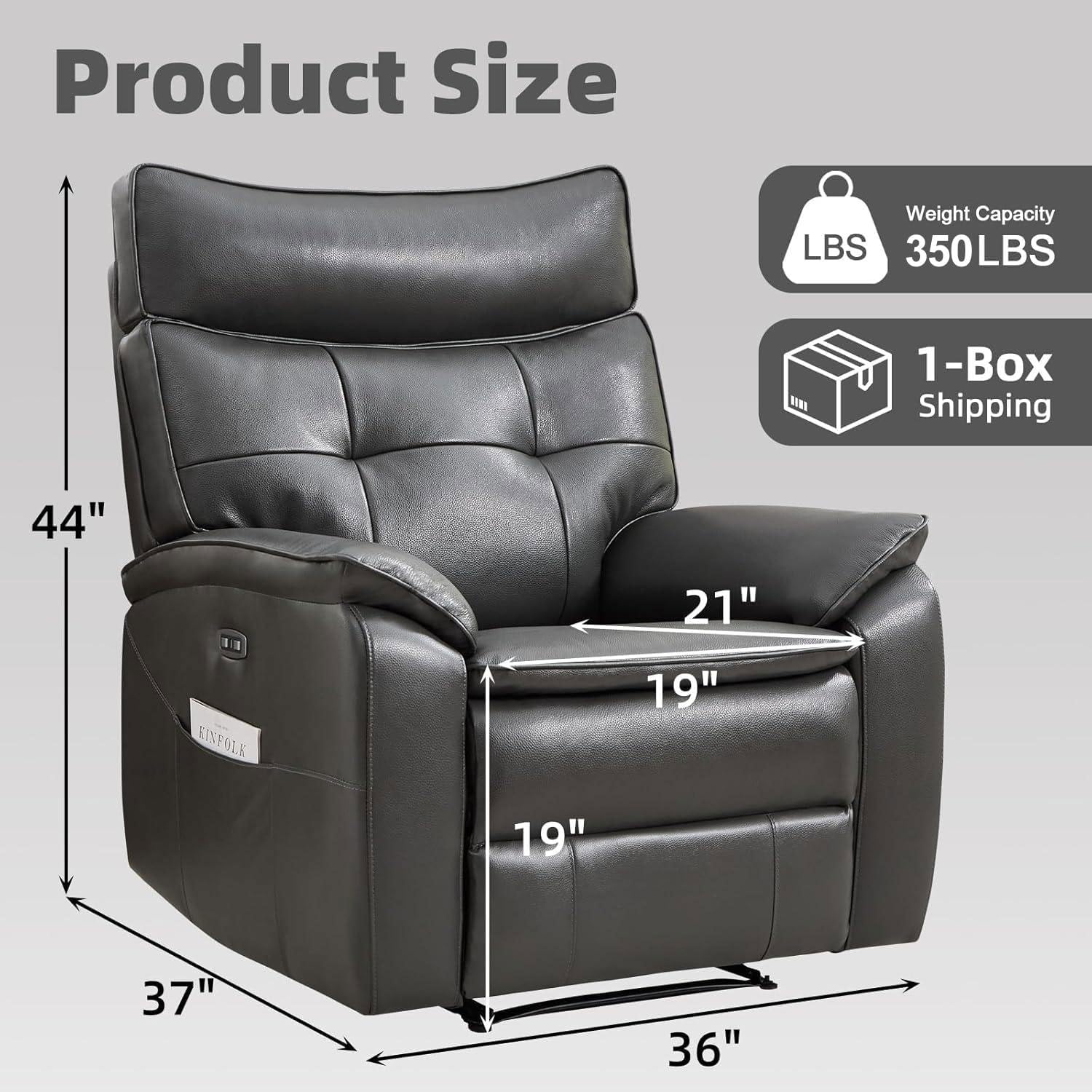 CANMOV Genuine Leather Recliner Chair,Power Recliner Chair for Adults,Electric Single Reclining Sofa with Overstuffed Armrest and Backrest for Living Room,Dark Grey