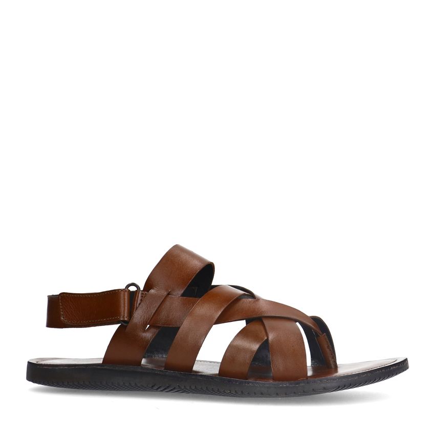 Manfield Leren gevlochten cognac slippers