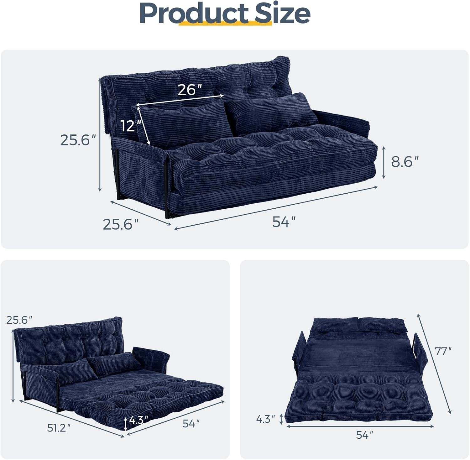 MAXYOYO Adjustable Floor Sofa Couch with 2 Pillows, Multi-Functional Bean Bag Bed, 5-Position Foldable Lazy Sofa Sleeper Bed with Armrest, Versatile Floor Seating for Reading, Navy, Double