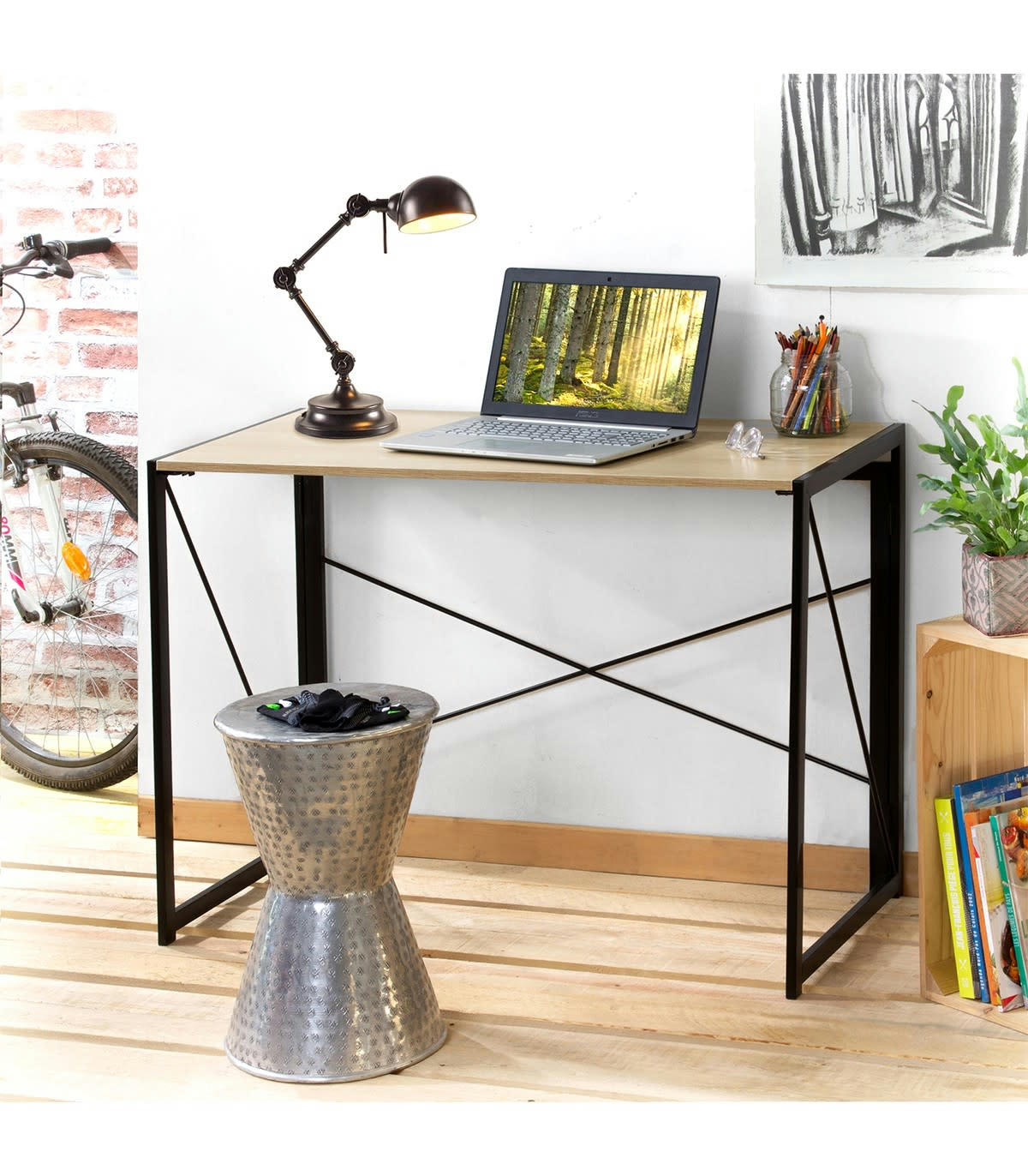 - Bureau pliable style industriel - Longueur 100 cm - Marron