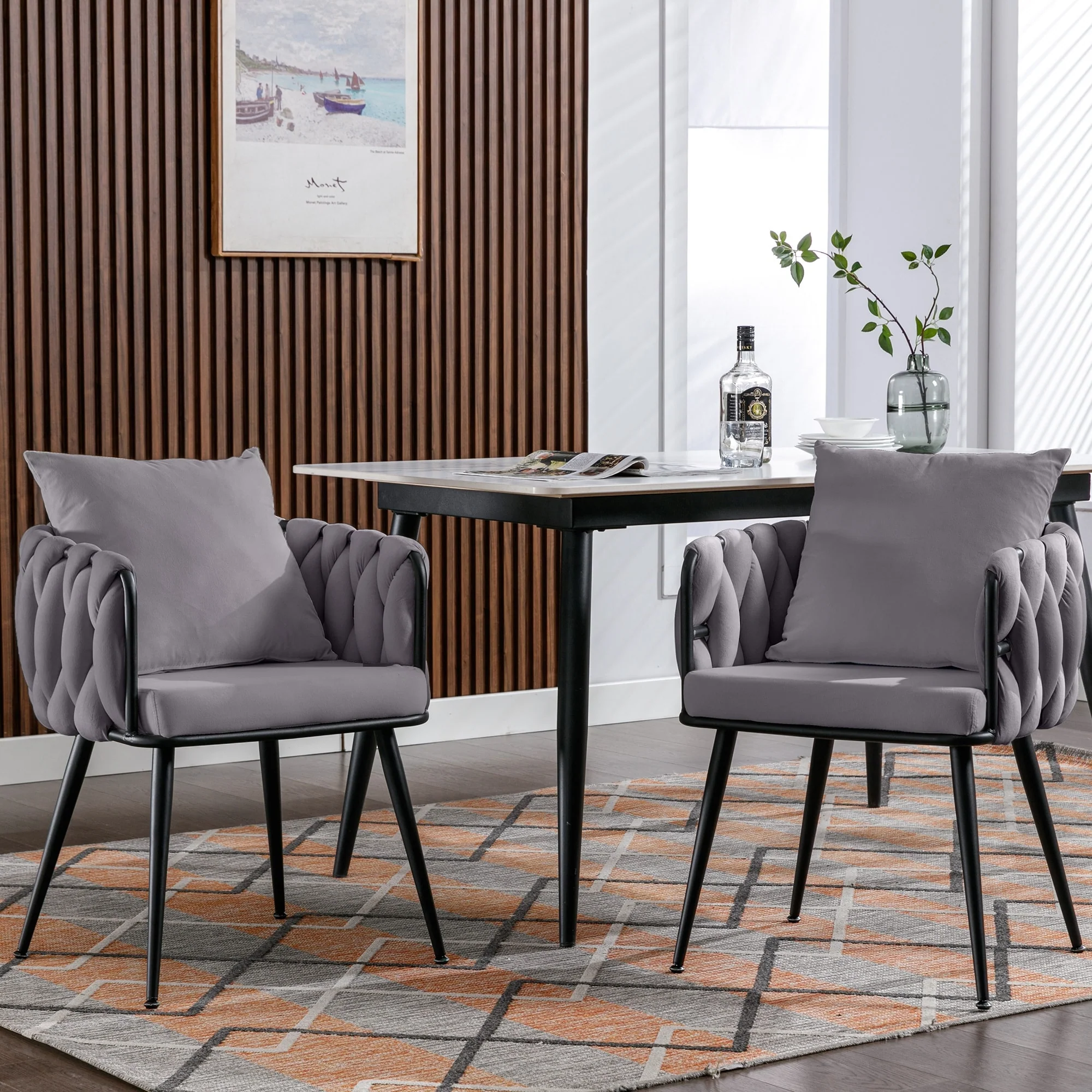 Modern Velvet Dining Chairs Set of 2 Hand Weaving Accent Chairs