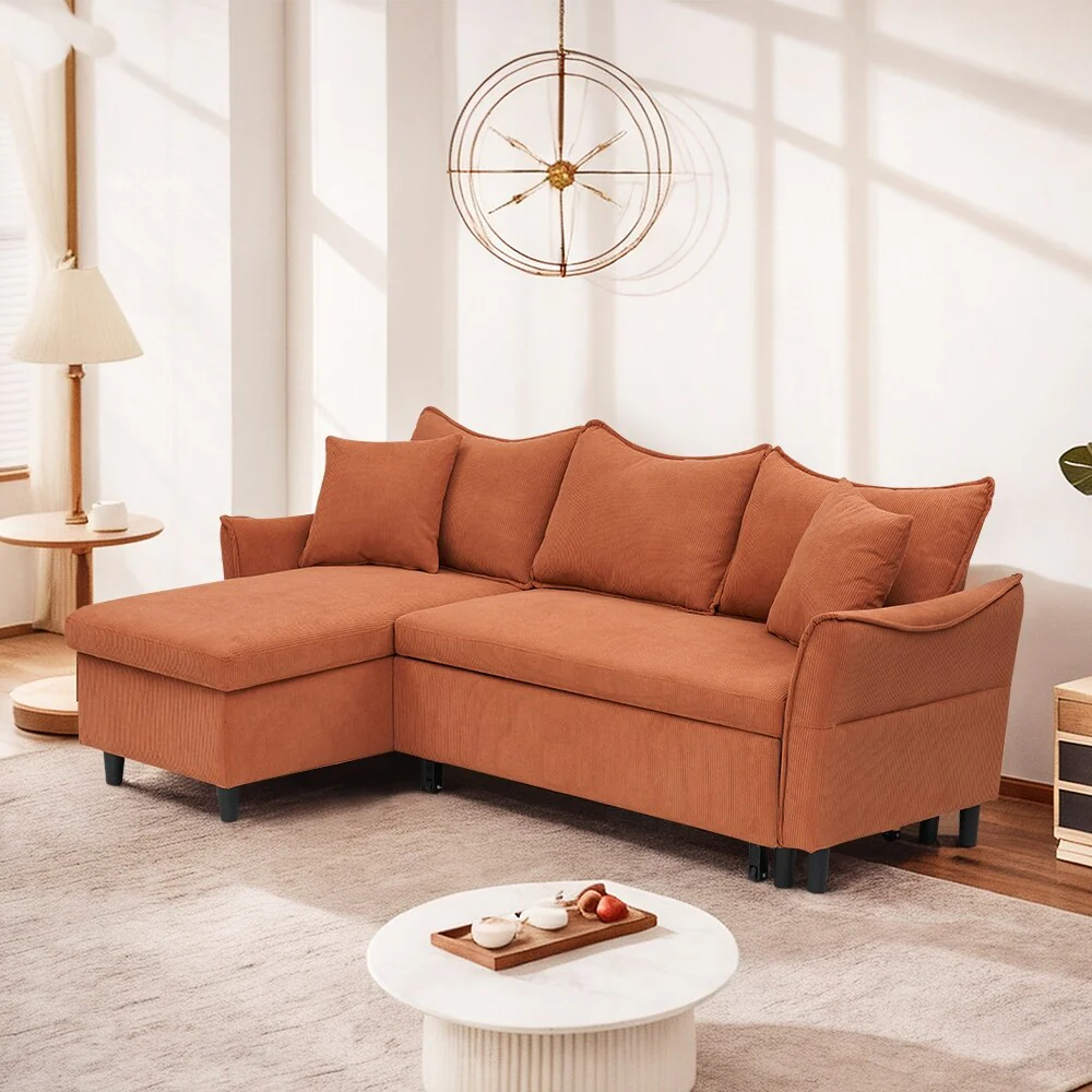 80-inch Gray Corduroy L-Shape Convertible Sofa Bed, Storage, 2 Pillows