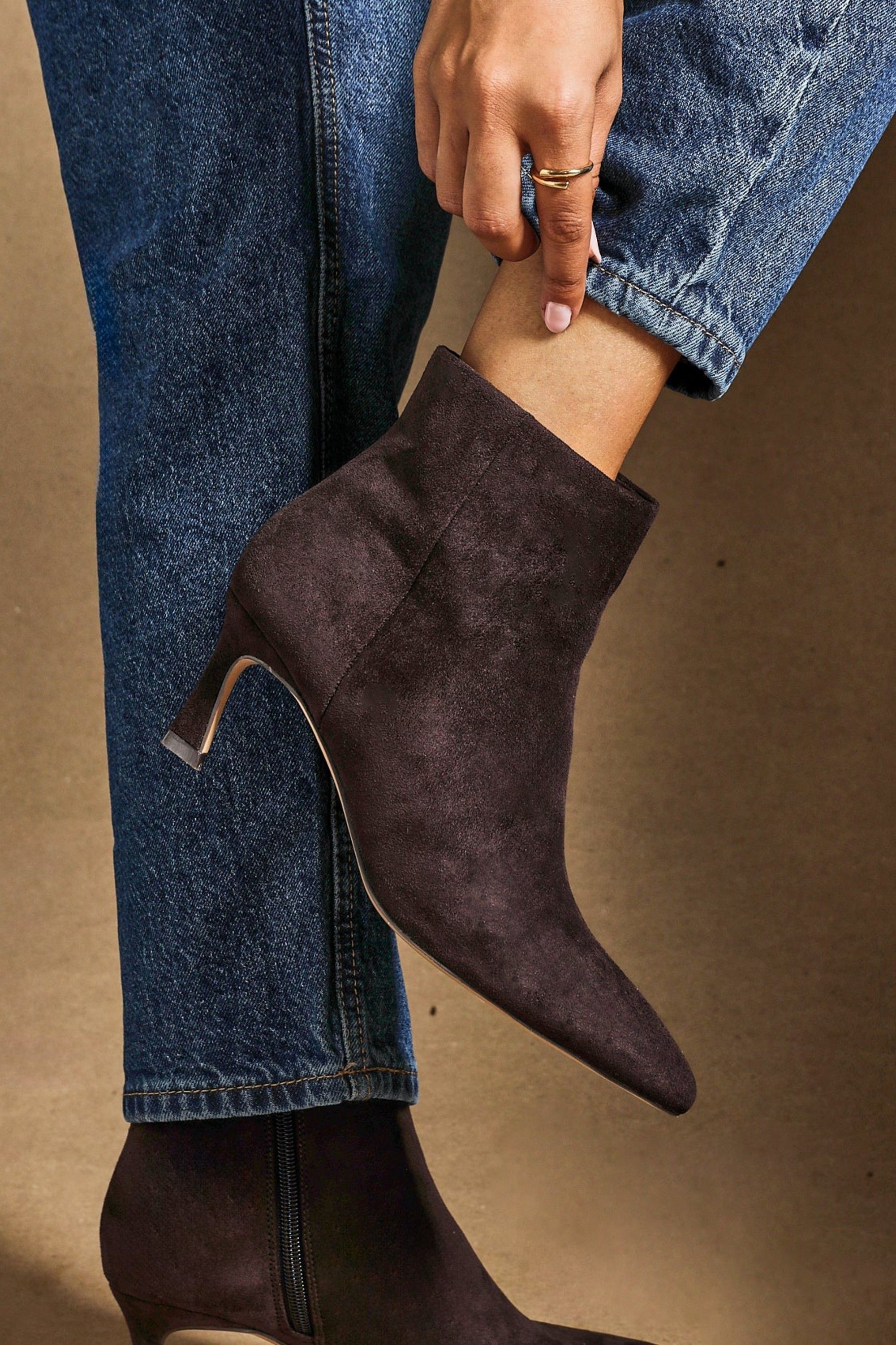 Linzi Secured Brown Faux Suede Pointed Toe Stiletto Ankle Boot