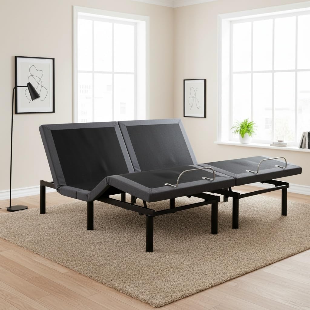 Naomi Home Idealbase Split King Adjustable Bed Base with Massage, USB Ports, Under-Bed Light, Wireless Remote, 800 Lb Capacity, Gray Metal Frame, Easy Setup for Couples’ Personalized Comfort